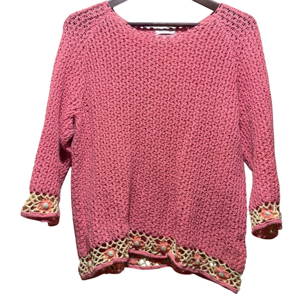Vintage Pink Crochet Knit Floral Trim Sweater 3/4 Sleeve C&B 90s Y2K